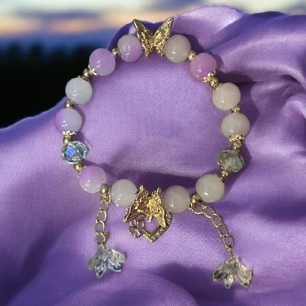 Gold and Purple Beaded Bracelet with Angel Charm